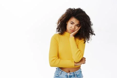 Portrait of teen black girl, student looking lonely or sad, upset, sulking and Stock Photos