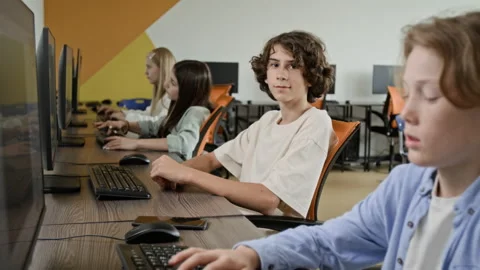 Portrait of Teenage Boy Studying in Computer Lab with Classmates Stock Footage 342810907