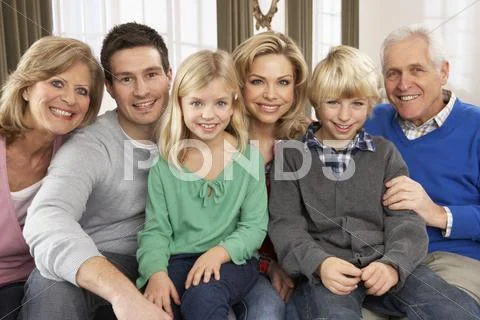 Portrait Of Three Generation Family At Home Stock Photos