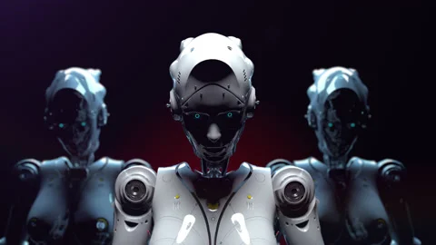 Portrait of three robots . the robots simultaneously raise their heads and lo 스톡 동영상 168569525