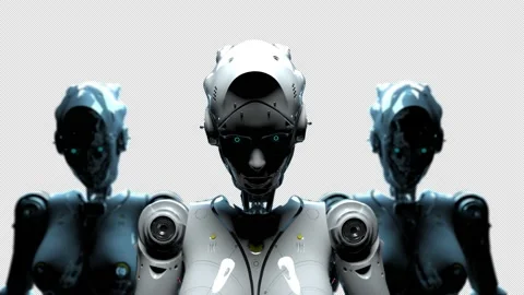 Portrait of three robots . robots simultaneously raise their heads and look a Video stock 168569606