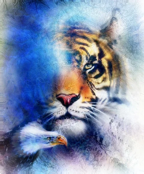 Portrait tiger with eagle. Color Abstract background and ornament, vintage and Stock Footage 156168304