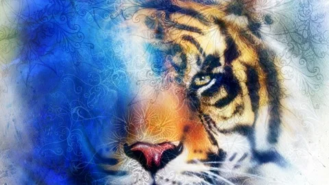 Portrait tiger with eagle. Color Abstract background and ornament, vintage and Stock Footage 156168555