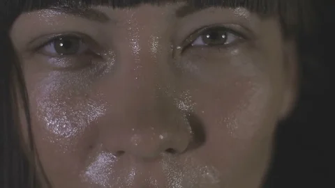 Portrait of tired brunette having rest in short break after workout, slow motion Stock Footage 73108134