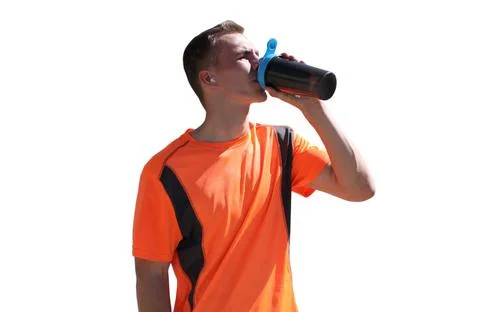 Portrait of tired runner man drinking from bottle the water or protein shake, Stock Photos