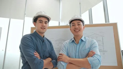 Portrait of two Asian architects man cross arm standing look at camera 스톡 동영상 150477559