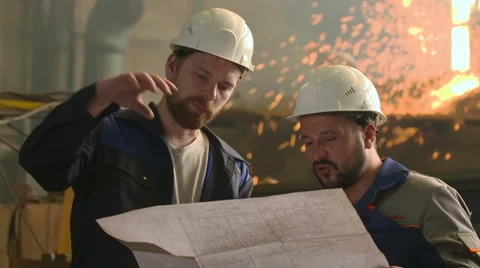 Portrait of two engineers explore and discuss project in heavy industry factory 스톡 동영상 65250840