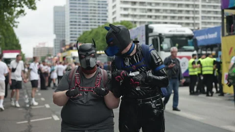 Portrait of two members of the pup play community wearing latex dog hoods and Stock Footage 346238826