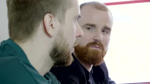 Portrait of two old friends talking in the restaurant. 4K Stock-Footage 91077053