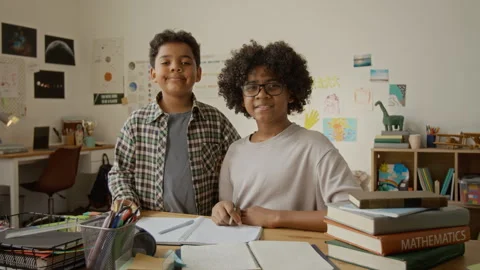 Portrait of Two Schoolboys Smiling during Mathematics Lesson Stock Footage 342506738