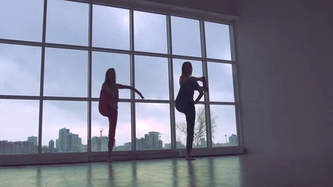 Portrait of two slender women practicing yoga synchronously Stockbeeldmateriaal 72556963