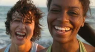 Portrait Of Two Young Women At Beach During Sunset Stock Footage