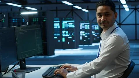 Portrait of upbeat admin in data center managing servers Stock Photos