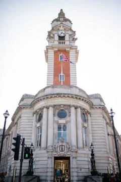 Portrait View of the Front Side of the Lambeth Town Hall and its Clock Tower Stock Photos