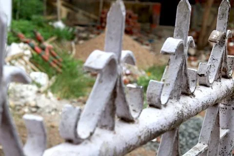 Portrait view of white rusty Swing Gates Stock Photos