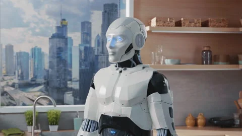 Portrait of white robot like human standing in kitchen, looking at camera on Stock Footage 200196216