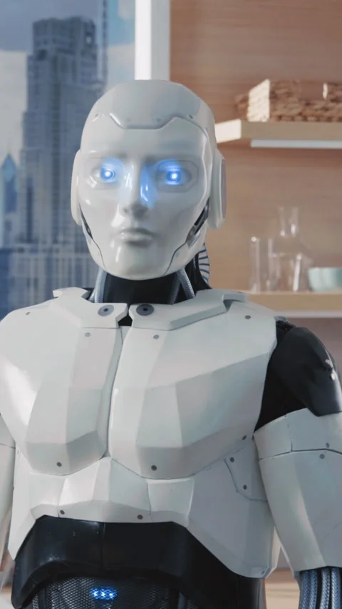 Portrait of white robot like human standing in kitchen, looking at camera on Stock Footage 281345413