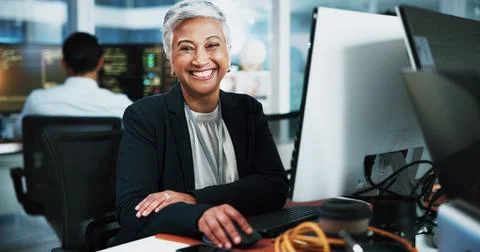 Portrait, woman and developer with computer in office for programming, software 스톡 사진