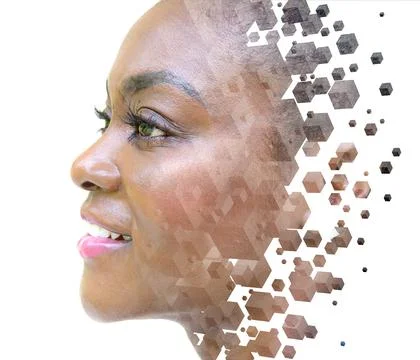 A portrait of a woman combined with 3D graphics in a double exposure technique. Stock Photos