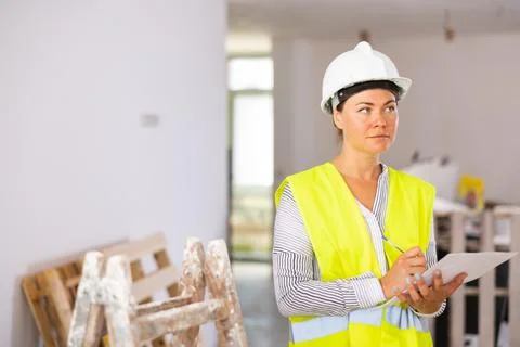 Portrait of a woman engineer making notes on paper Stock Photos