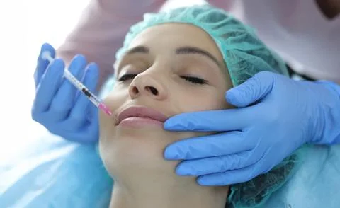 Portrait of woman whose lips are injected by beautician. Stock Photos