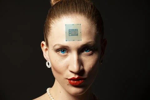 Portrait of woman's face with CPU processor microchip Stock Photos