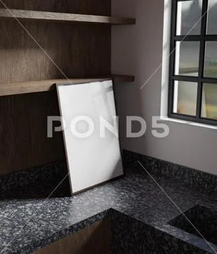 A portrait wooden frame mockup poster on the marble cabinet in the kitchen PSD Template