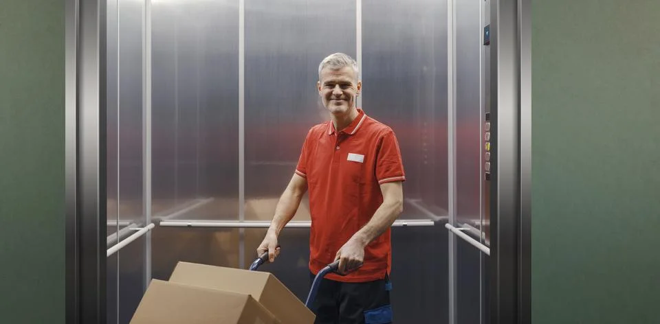 Portrait of a worker carrying boxes in the elevator Stock Photos