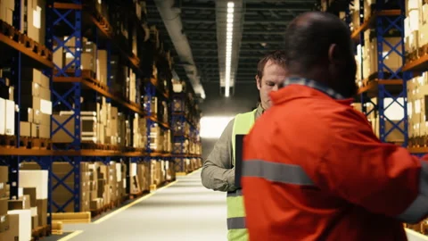 Portrait of worker checking shipment labels in modern warehouse facility Stock Footage 332906688