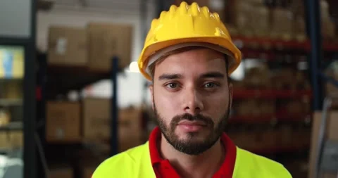 Portrait of worker man inside delivery boxes warehouse Stock Footage 145434605