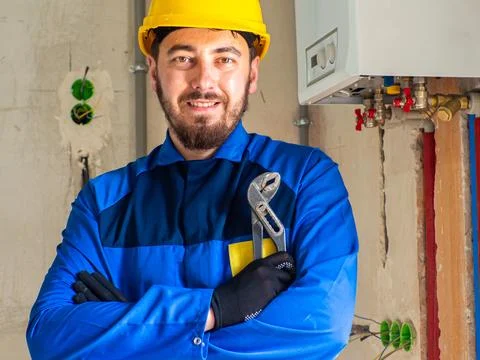Portrait of worker or engineer in blue work clothes and yellow safety helmet Stock Photos