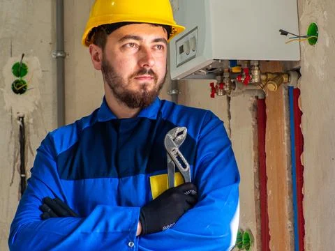 Portrait of worker or engineer in blue work clothes and yellow safety helmet Stock Photos
