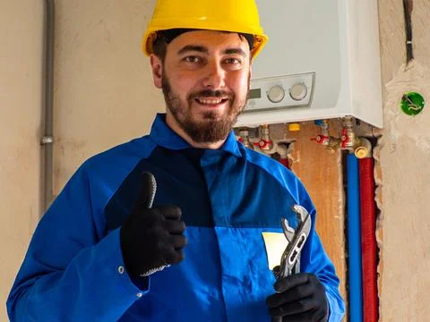 Portrait of worker or engineer in blue work clothes and yellow safety helmet Foto stock