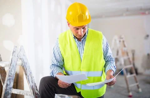 Portrait of worker in a yellow vest with documents in his hands in renovated 스톡 사진