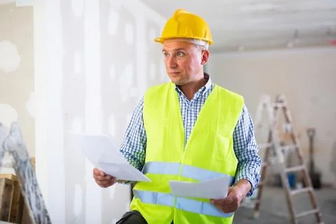 Portrait of worker in a yellow vest with documents in his hands in renovated 스톡 사진