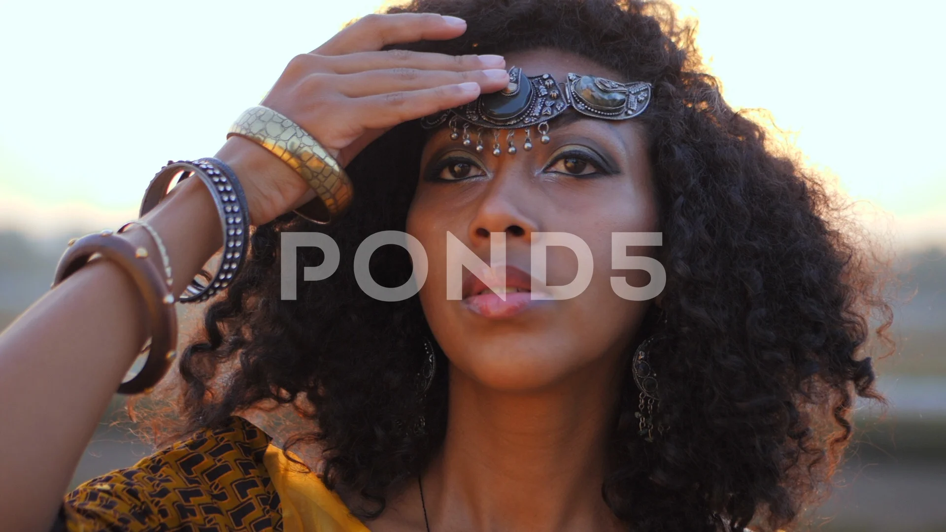 Photo By Moon Soul, Portrait Of Young Afro-american Gypsy Woman In Colorful  Yellow Traditional Dress And Silver Crown On Forehead Smiling And, Traditional Gypsy Makeup