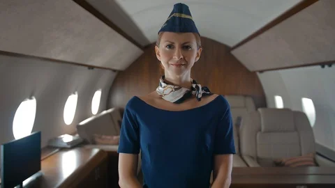 Portrait of young air hostes inside of private jet cabin. 95960227