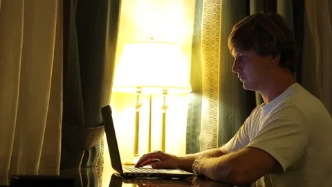 Portrait of young attractive man using the laptop for working in the living room Stock Footage 97084092