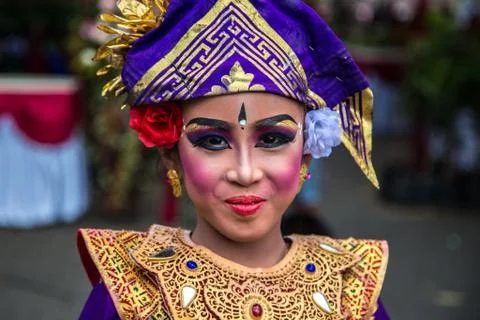 Portrait of Young Balinese traditional girl in Twin Lake Festival in Bali Stock Photos