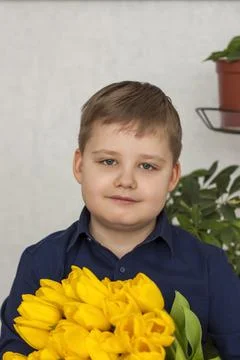 Portrait of a young, beautiful boy. Holds a huge armful of fresh yellow tulip Stock Photos