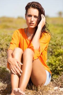 Portrait of young beautiful model posing outdoors Stock Photos