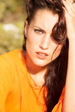 Portrait of young beautiful model posing outdoors Fotos Stock