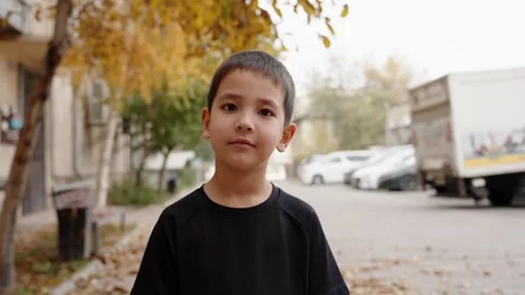 Portrait of young boy looking at camera during fall afternoon in quiet block Stock Footage 320245448