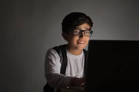Portrait of a young boy sitting in front of his laptop. (Children)  Stock Photos
