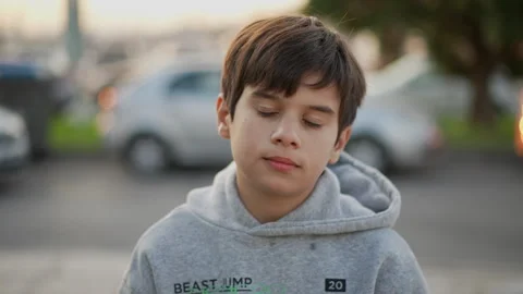 Portrait of a young boy wearing a gray hoodie outdoors at dusk Stock Footage 274681303