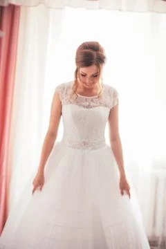 Portrait of a young bride on a light background Stock Photos