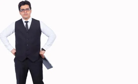 Portrait of young businessman with copy space over white background Stock Photos