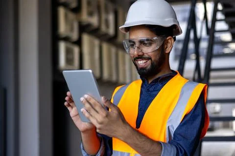 Portrait of young engineer worker, man in helmet and vest using tablet computer Stock Photos