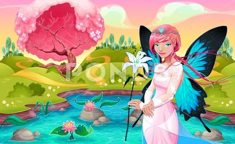 Portrait of a young fairy in a fantasy landscape Stock Illustration
