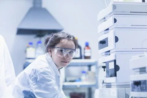 Portrait of a young female scientist in a laboratory, Freiburg Im Breisgau, Bade Stock Photos